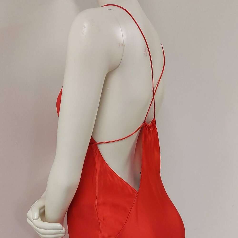 ZARA True Red, 100% Silk, Thin-Strappy, Fit-n-Flare, Maxi Slip Dress; Size: S - Picture 5 of 7